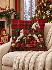 1/2/4pcs Christmas Vintage Rocking Horse Plaid Throw Pillow Cover. Only Machine Washable Pillowcases (Without Pillow Core) Are Included, Suitable For Sofas, Beds, Chairs, And Holiday Decorations - Red - View 5