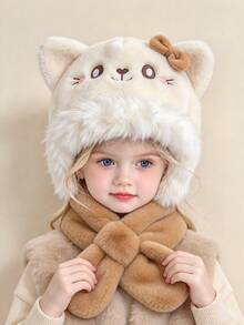 Autumn/Winter Kids Hat & Scarf Set, Cute Cat Design Plush Thickened Ear-Protective Hat For 2-8 Years Old - Multicolor - View 2