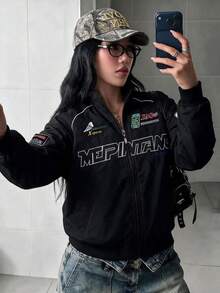 Women's Winter Outdoor Jacket, Casual Racing Style Women's Jacket, Embroidered Pattern Design, Street Sports Autumn Jacket, Gym Jacket Outfit, Christmas Gift For Girlfriend, Loose Fit Women's Jacket - Black - View 1