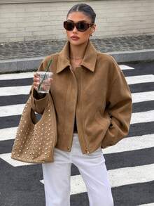 Women's Winter Jacket, Brown Loose Collar Jacket, Long Sleeve, Button Decor, With Pockets, Autumn Outfit Choice, Suitable For Daily Wear - Khaki - View 5