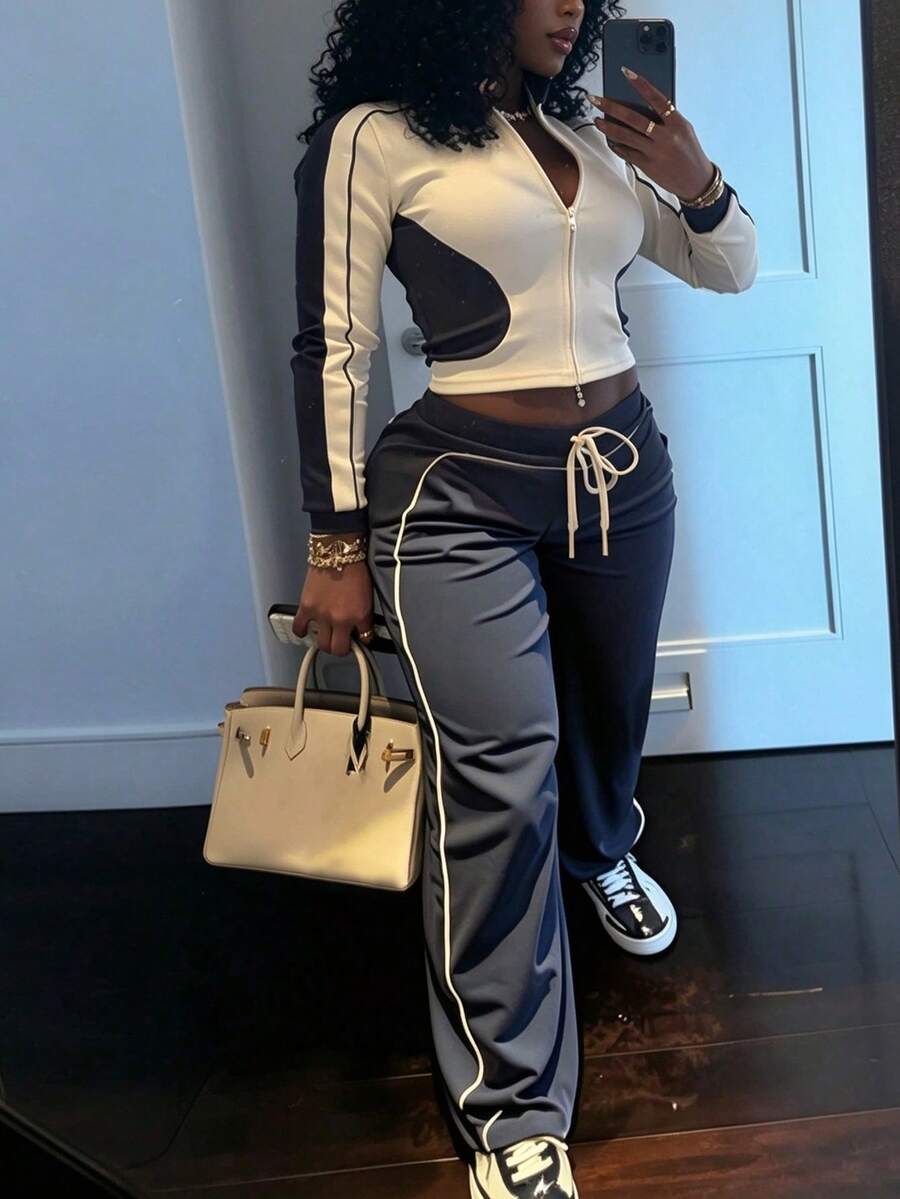 2pcs Women's Casual Set, Cropped Top With Zipper Drawstring Pants, Medium Stretch, Pockets Spring Elegant