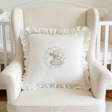Vintage Girl Applique Embroidered Cushion Cover With Ruffle Trim And Lace Detail, White Romantic Decorative Pillow Cover For Sofa, Bedroom & Cottagecore Home Decor, 35x35cm - Multicolor - View 7