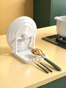 1 pieza Paquete Estante de almacenamiento multifuncional de cocina con bandeja de drenaje, compartimentos desmontables para almacenar tapas de ollas, cucharas, espátulas, bandeja de agua para mantener la encimera seca y resistente a fugas, organizador del hogar de color neutro aleatorio para uso diario en apartamento, dormitorio y cocina - Multicolor - Ver 17