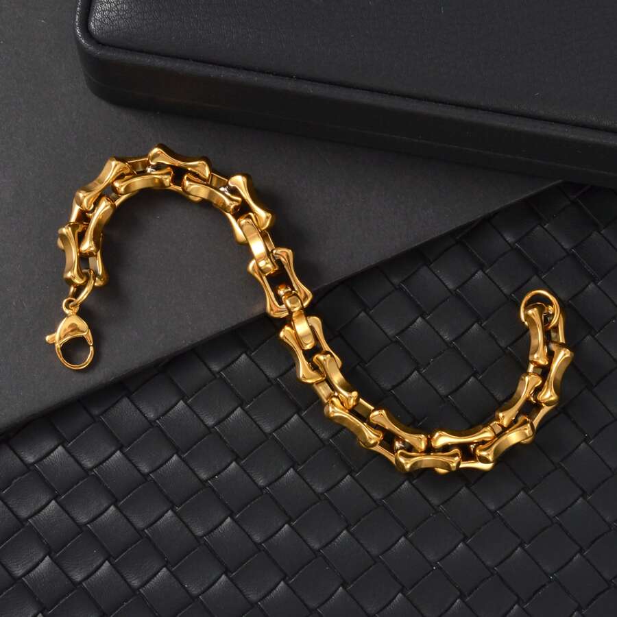 Men's Thick Hip-Hop Style 18K Gold Plated Smooth Bamboo Joint Bracelet, Personalized Streetwear Accessory Jewelry, Suitable For Daily And Party Wear - Gold - View 1