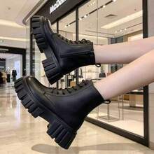 Fashion Women's Black Boots, Spring/Autumn/Winter New Versatile Motorcycle Ankle Boots, Lace-Up, Lightweight For Travel Or Daily Wear - Black - View 6
