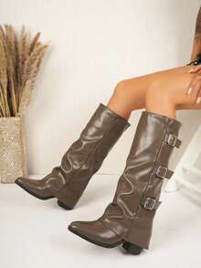 Women's Chunky Heel Knee-High Boots, Not Over-The-Knee, Autumn/Winter New Versatile Retro Brown High Heel Western Boots, Tall Riding Boots, Tall Long Boots - Brown - View 4