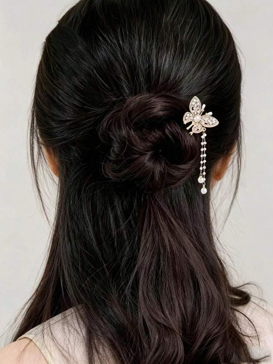 1/2pcs Sparkling Rhinestone Butterfly Hair Comb With Double Layer Pearl Pendant Tassel Hair Accessory, Women's Updo Fixing Tool, Gentle Atmosphere Versatile Hair Pin - Multicolor - View 1