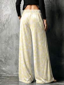 Women Pale Yellow White Large Floral Print Wide Leg Pants, High Waist Flowy Loose Trousers With Pockets - Multicolor - View 3