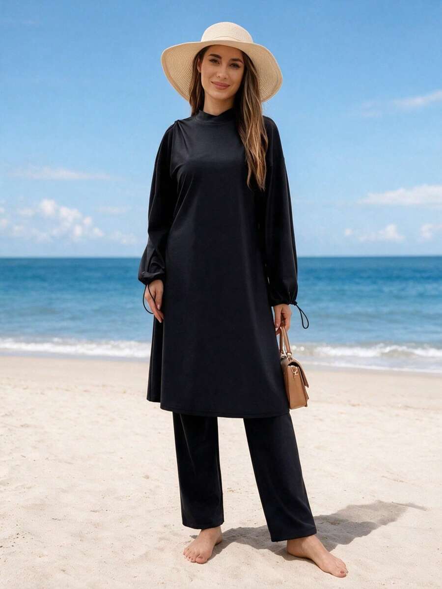 VFJ Women's Burkini Swimwear, Modest Islamic Style, Long Sleeve Full Coverage 3 Pieces Set With Swim Cap Vacation Beach Black Summer, Quick Dry