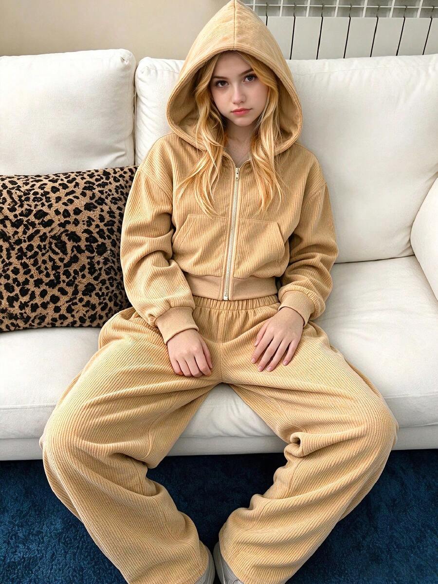 Lurzo Girls' Autumn/Winter Ribbed Corduroy Hooded Zip-Up Jacket + Casual Pants Set, Pocket Design, Soft Fabric, Outdoor/Back To School/Weekend/Sports