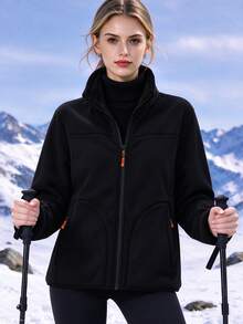 Autumn/Winter Thickened Warm Coral Fleece Jacket Outdoor Sports Running Workout Fleece Stand Collar Fleece Jacket - Black - View 2