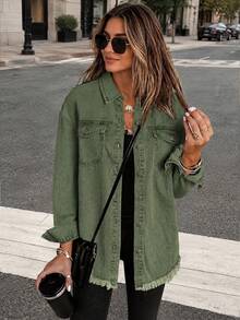 Casual Utility Long Sleeve Denim Jacket, Versatile For All Seasons Spring - Army Green - View 2