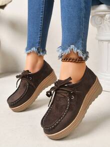 Women's Coffee Brown Lace-Up Wedge Heel Thick Sole Casual Versatile Commuter Fashion Shoes - Coffee Brown - View 5