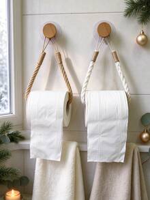 Autumn/Winter Bathroom Refresh Essential No-Drill Rope Ring Toilet Paper Holder Bohemian Style Wall-Mounted Paper Towel Rack Adhesive To Tiles White And Natural Wood Dual Color Options Space-Saving Bathroom Storage Organizer - A - View 4