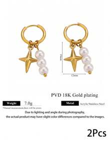 2 Pcs 304 Stainless Steel Boho Sun Star Faux Pearl Tassel Dangle Earrings Celestial Charm Ear Jewelry Waterproof Non Tarnish Fall Style - Earring - View 8
