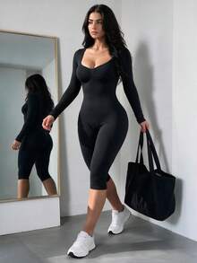 Casual Jumpsuit, Ruched Square Neck Long Sleeve Slim Fit, Women's Sportswear, Minimalist Daily Commute Date Outfit - Black - View 1
