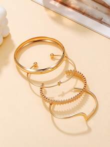 4pcs Minimalist Gold Layered Bracelet Set, Adjustable Open Metal Bangle, Geometric Wave & Knot Design, Women's Fashion Jewelry, Suitable For Daily, Office, Party Wear, Gift For Her - Gold - View 3