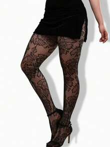 1 Pair Large Leaf Jacquard Fishnet Tights Sexy French Elegant Cute Plus Size High Stretch For Commute Date Night Christmas Party - Multicolor - View 2