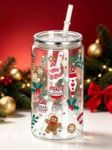 16oz Clear Cup With Christmas Theme Design, Featuring Snowflake, Gingerbread And Christmas Tree Patterns. Full Of Holiday Spirit, It Comes With Lid And Straw, Very Practical And Reusable, Perfect For Holiday Gatherings. - Multicolor - View 7