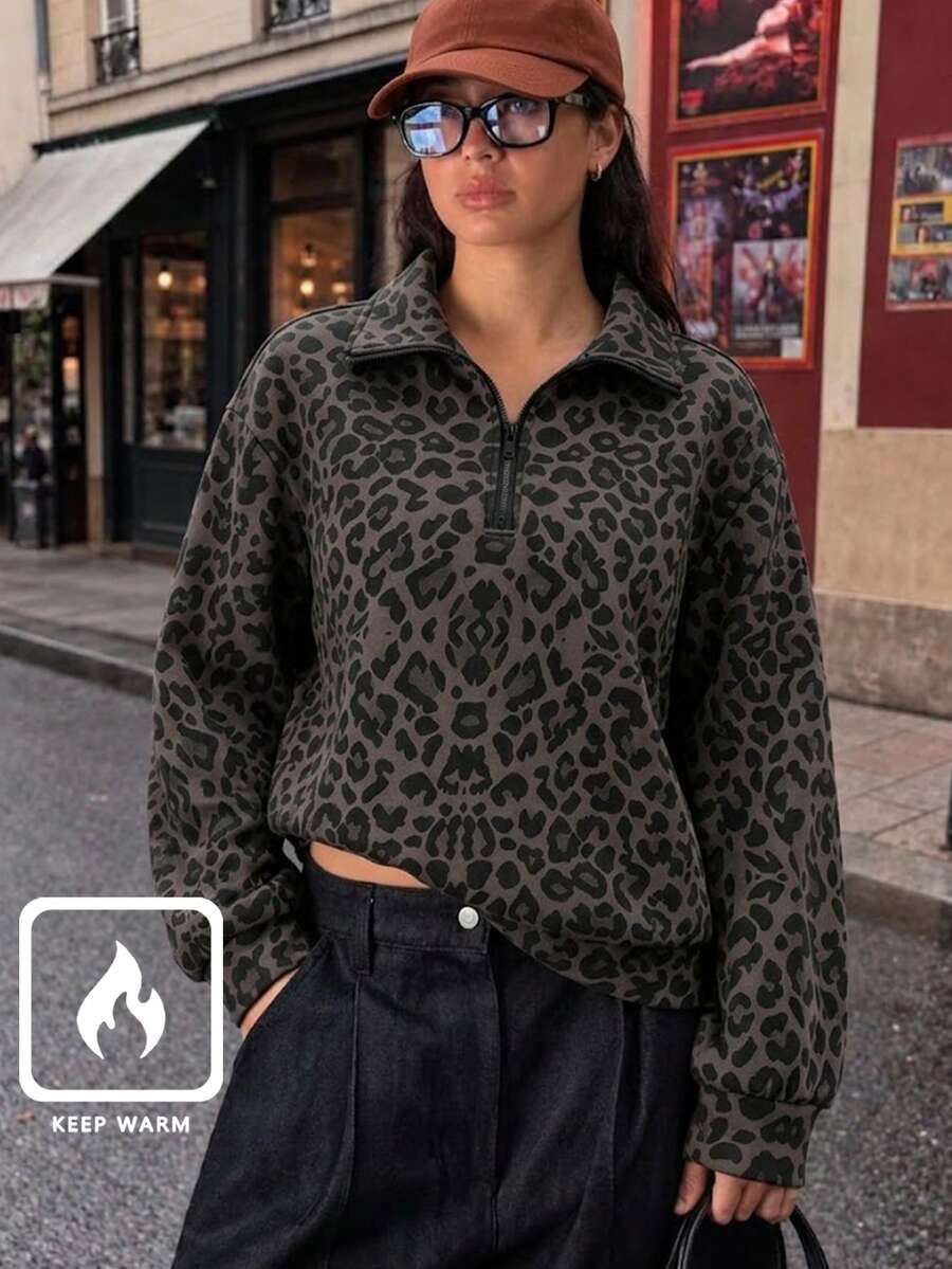 Women's Autumn/Winter Thermal Lined Leopard Print American Minimalist Half-High Neck Zipper Sweatshirt, Fashionable Versatile Style Suitable For Casual Daily Wear Or College Style - Coffee Brown - View 1