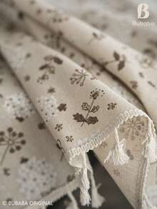Bubaba Beige Vintage Floral Pattern Rectangular Tablecloth With Ivory White Tassel Trim; Made Of Polyester And Cotton Blend Material With Linen-Like Texture; Printed With Coffee Brown Botanical Wildflower Pattern. This Tablecloth Style Is Rustic And Exudes A Country Farmhouse Vibe, Suitable For Kitchen, Dining Room, Gatherings And Daily Home Decor. - Multicolor - View 11