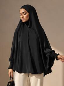Elastic Bubble Cuff Long Sleeve Flowy Tunic Top, Modest Muslim Prayer Jilbab, Solid Color Loose Abaya Top, Islamic Hijab Outfit For Ramadan Daily Wear - Multicolor - View 12