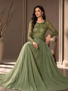 Elegant Women's Long Sleeve Ball Gown, Decorated With Exquisite Round Neckline, Gorgeous Pleated Flare Skirt, Suitable For Formal Evening Events - Green - View 4