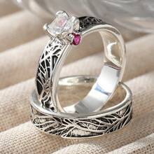 Vintage Tree Branch Carved Ring Set, Elegant Couple Wedding Band Pair - Silver - View 9