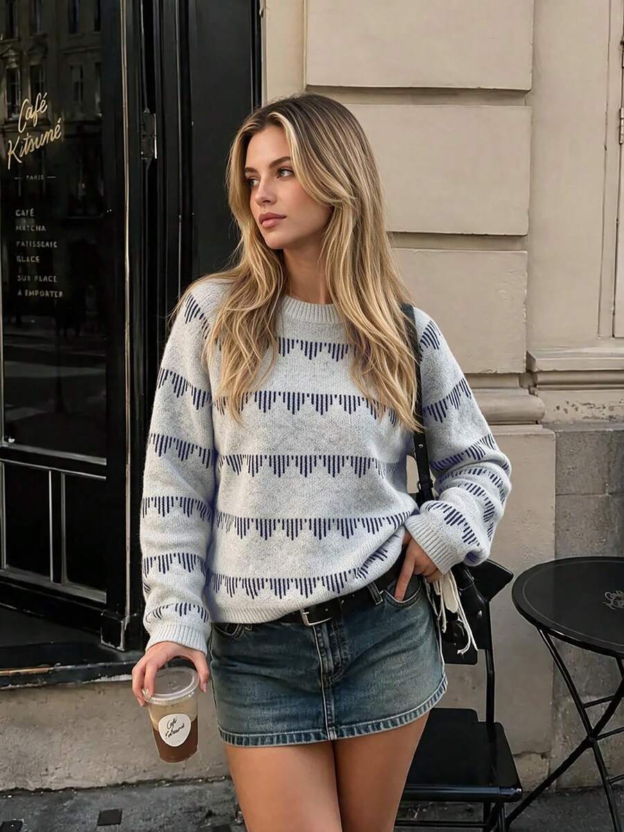 Nicenter Women's Autumn Vintage Grey Round Neck Raglan Long Sleeve Geometric Striped Knit Sweater, Wool Blend, Suitable For Winter Wear, Social - Multicolor - View 1