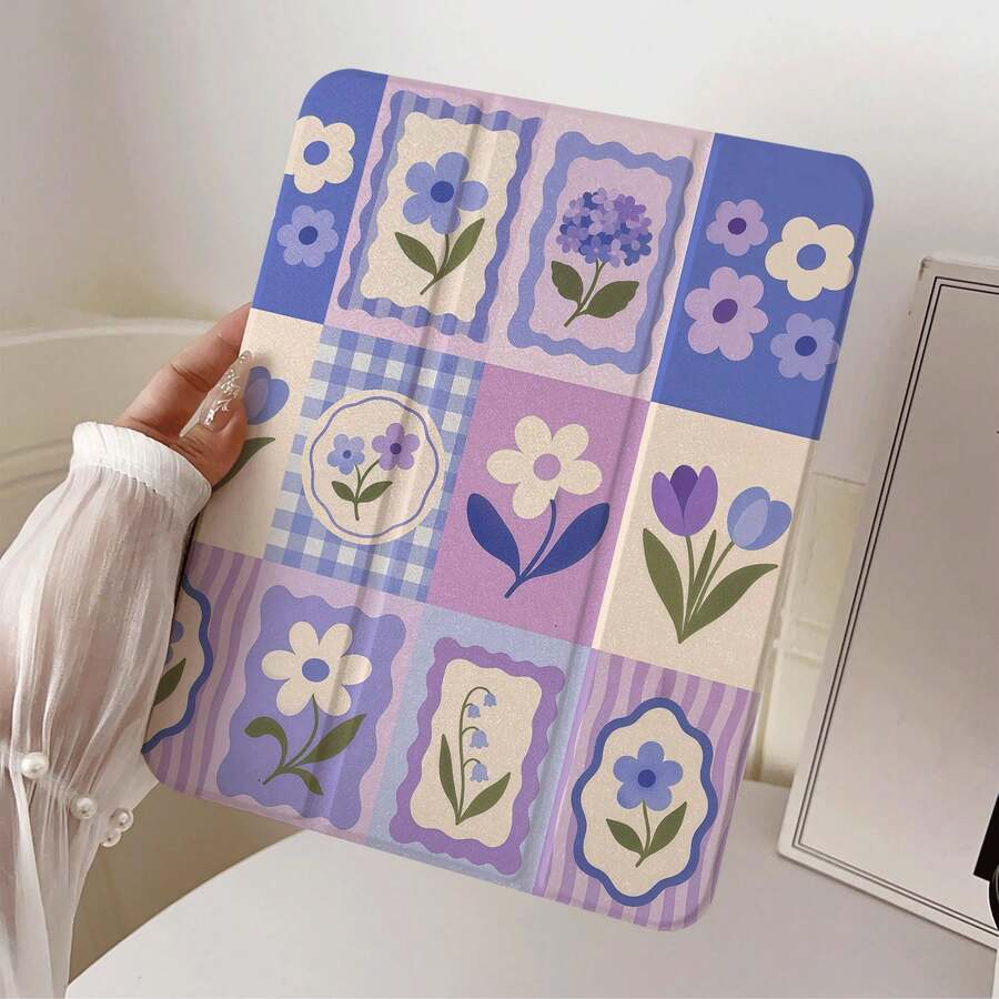 1件夢幻紫色花卉拼接繡球花與鬱金香圖案平板保護殼，相容 iPad PRO/AIR、、小米 Pad 5/6/7、華為 MatePad