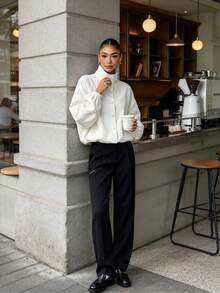 Women's Round Neck Puff Sleeve Cropped Blazer, Solid Color Front Button Slim Fit Commuter Jacket, Elegant Outerwear Top - White - View 2