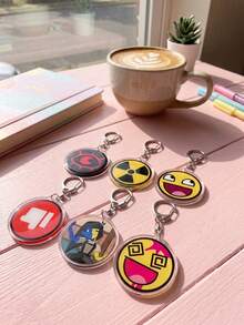 1Pc/6Pcs Internet Pop Culture & Retro Meme Theme Round Acrylic Keychains, Featuring Red Evil Eye, Yellow & Black Radioactive Symbol, Classic Awesome Face , Red Thumb Down/Point Gesture, ENA Web Animation Character & Dizzy Designs, Bag Charms, Suitable For Internet Pop Culture & Anime Fans Gifts, Collectibles, All Seasons - Multicolor - View 2