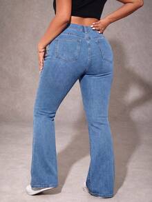 Women's Plus Size Denim Flare Pants, Mid-Waist Washed Long Pants With Pockets And Zipper Fly, Mid-Stretch, Suitable For Daily Wear, Y2K Style - Blue - View 3