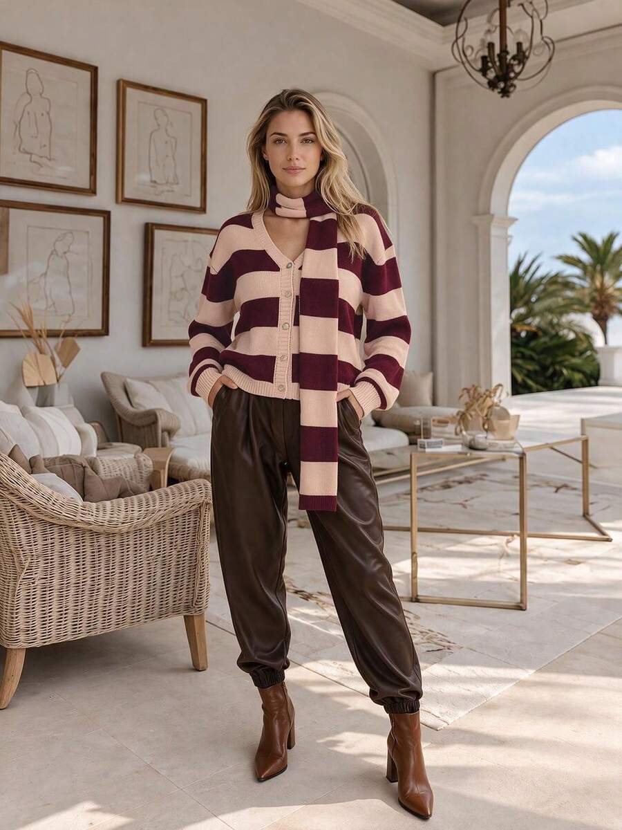 NiceArt Women's Autumn Vintage Burgundy V-Neck Striped Contrast Color Knit Cardigan With Matching Scarf, Suitable For Winter Wear, Christmas, Dating - Multicolor - View 1