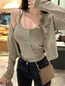 两件套：女士休闲背心和圆领针织衫，秋冬季 - 卡其色 - 查看 6