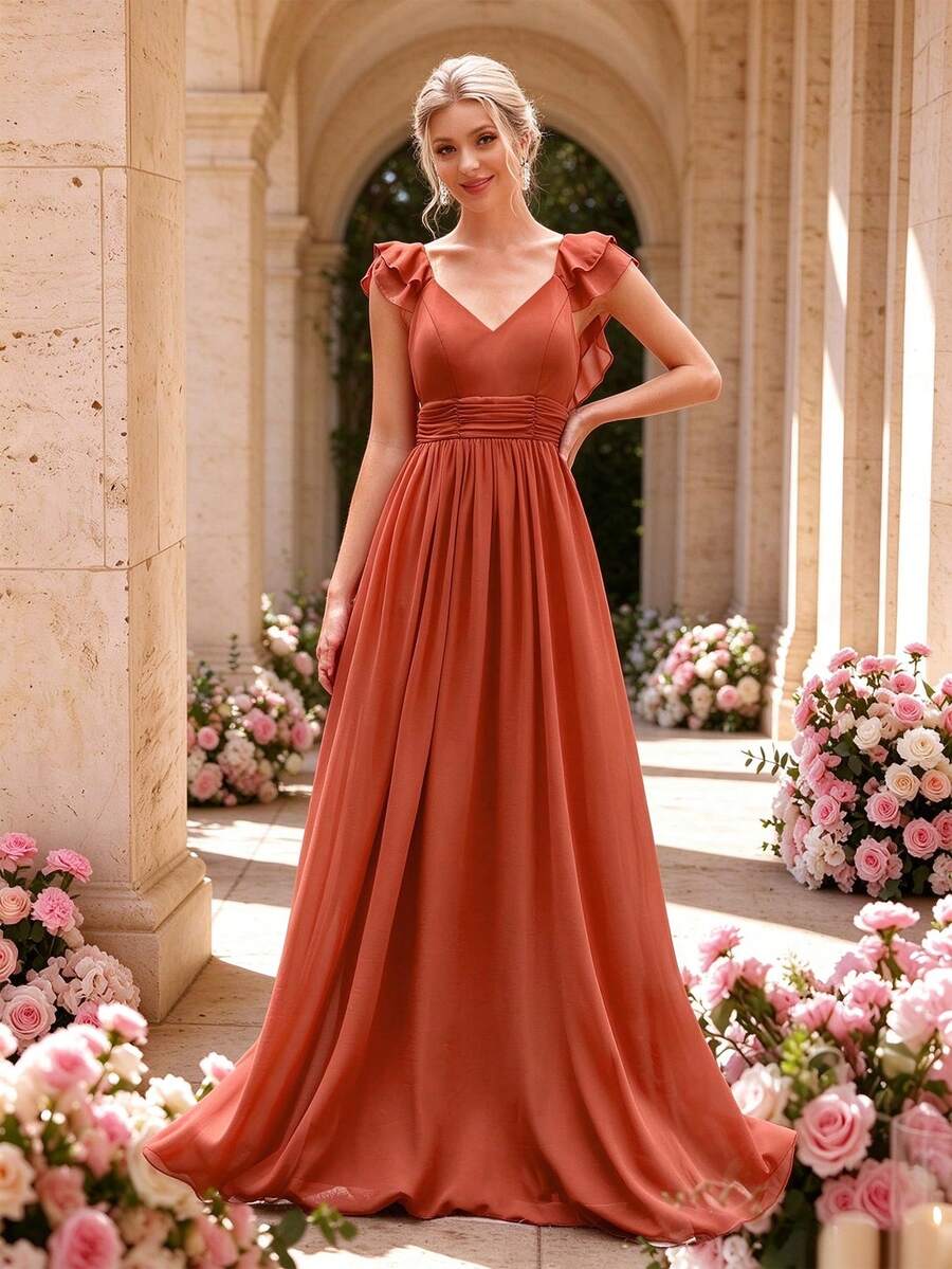 Elegant Terracotta Chiffon Bridesmaid Maxi Gown, Double V Neck Ruffle Cap Sleeve, Ruched Waist Floor Length Dress Fall Winter For Wedding Prom Party - Rust - View 1