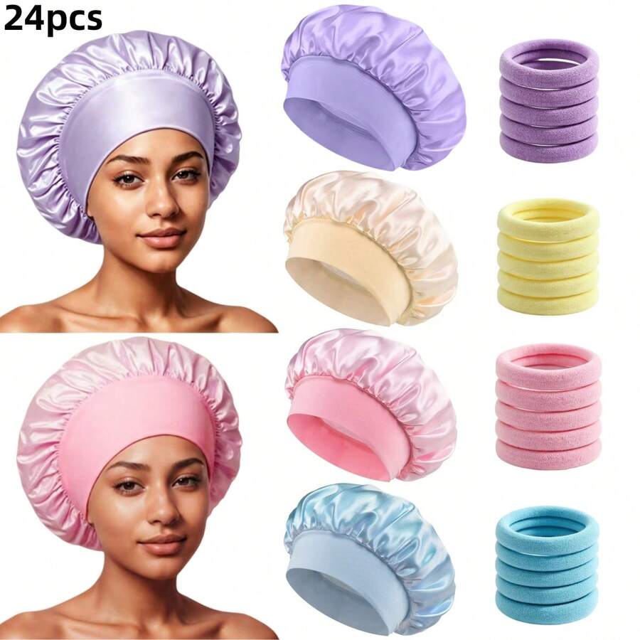 24pcs Satin Sleep Hair Bonnet + Elastic Hair Tie Set, Soft & Non-Tight Hair Care For Sleeping, Home Nighttime Hair Protection, Daily Essential, Gift For Best Friend On Holidays