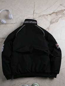 Women's Winter Outdoor Jacket, Casual Racing Style Women's Jacket, Embroidered Pattern Design, Street Sports Autumn Jacket, Gym Jacket Outfit, Christmas Gift For Girlfriend, Loose Fit Women's Jacket - Black - View 6