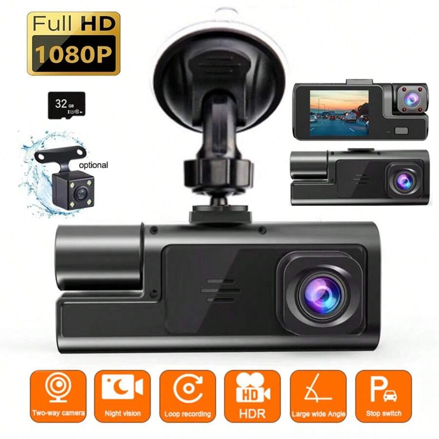 1080P HD Triple Channel Car Dash Cam, Front Rear Inside 3-Way Recording With 2-Inch Display, Night Vision, Loop Recording, G-Sensor Collision Lock, Optional 32GB Memory Card, Universal Vehicle Recorder Auto Accessory Built-In 150mAh Lithium Battery - A - View 1