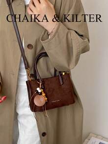 1pc Suede Fabric Square Handbag Suitable For Commuting, Shopping, Etc. (With Pendant) - Coffee - View 7