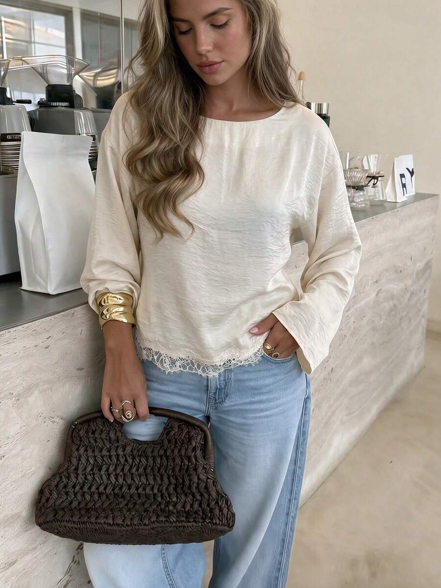 Unadoll Women Fall Winter Off‑White Long Sleeve Blouse, Elegant Basic Boat Neck Top With Lace Hem For Back To School, Daily Going Out - Apricot - View 1