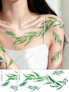 2Sheets Large Temporary Tattoo Stickers - Realistic Green Ivy Leaves, Waterproof Body Tattoos For Neck, Shoulder, Arm - Long-Lasting Fake Plants For Parties, Events, Everyday - Easy Application & Removal - Body Art, Party Accessories - Green - View 1