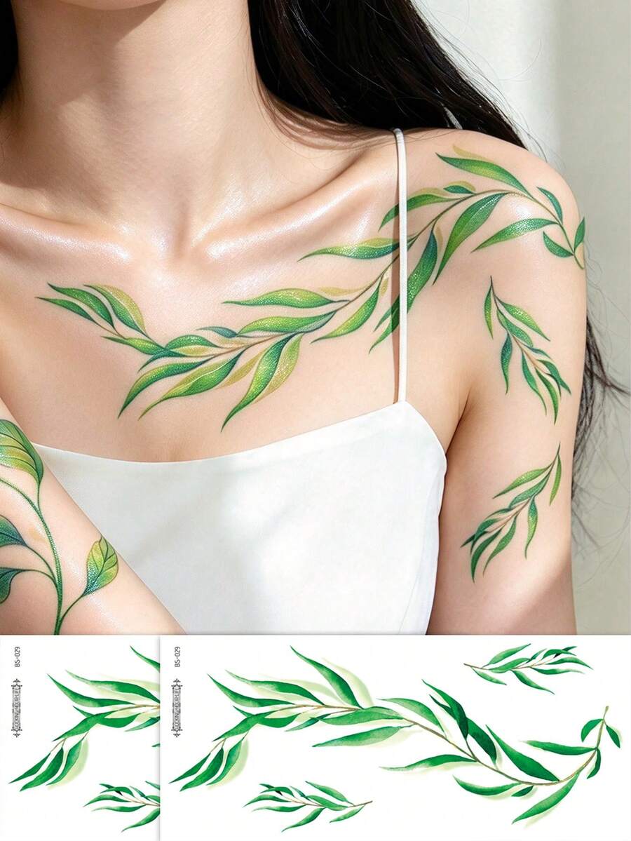 2Sheets Large Temporary Tattoo Stickers - Realistic Green Ivy Leaves, Waterproof Body Tattoos For Neck, Shoulder, Arm - Long-Lasting Fake Plants For Parties, Events, Everyday - Easy Application & Removal - Body Art, Party Accessories - Green - View 1
