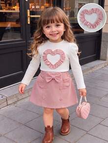 Baby Girl Autumn/Winter 2 Pieces Set, Knitted Heart Print Base Layer + Button Bow Ruffle Hem Skirt, Pink Tone Outfit, Cute And Sweet Indoor Wear For Baby Girls - White - View 1