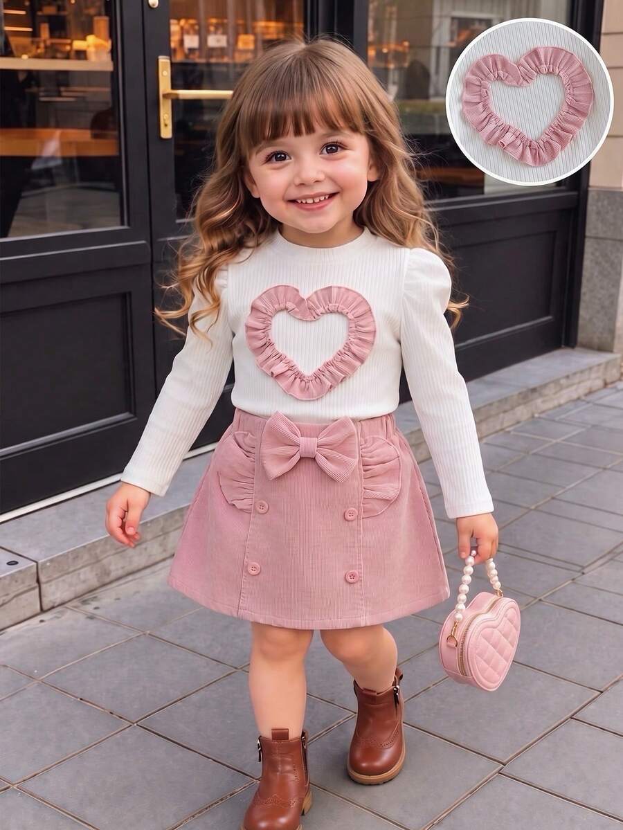 Baby Girl Autumn/Winter 2 Pieces Set, Knitted Heart Print Base Layer + Button Bow Ruffle Hem Skirt, Pink Tone Outfit, Cute And Sweet Indoor Wear For Baby Girls - White - View 1