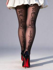 1 Pair Plus Size Thermal Tights, Black Text Print High Stretch Pantyhose For Women - Multicolor - View 5