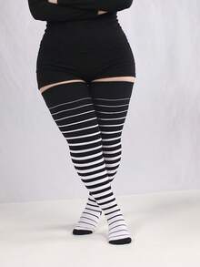 Plus Size Over Knee Socks Winter Thick Warm Striped Thigh High Socks Extended Length Stretchy Leggings For Women Cold Weather - Black and White - View 4