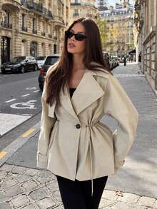 Women's Spring Beige Short Trench Coat, Oversized Lapel, Drawstring Waist Belt, Lightweight Casual Work Office Autumn Jacket - Khaki - View 3