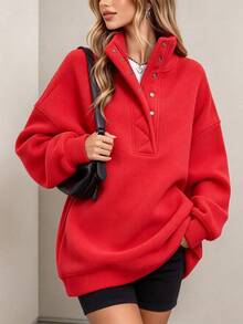 Women Oversized Sweatshirts With Snap Button Henley Collar Polar Fleece Pullover Warm Jacket Winter Clothes - Red - View 3