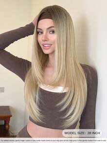 NAMM Extra Long Straight Ombre Blonde Headband Wig Dark Roots, Glueless Synthetic Fiber Layered Half Wigs For Women Daily Wear Party Use 29 Inch ( Ombre Brown, Ombre Grey ) - Multicolor - View 3